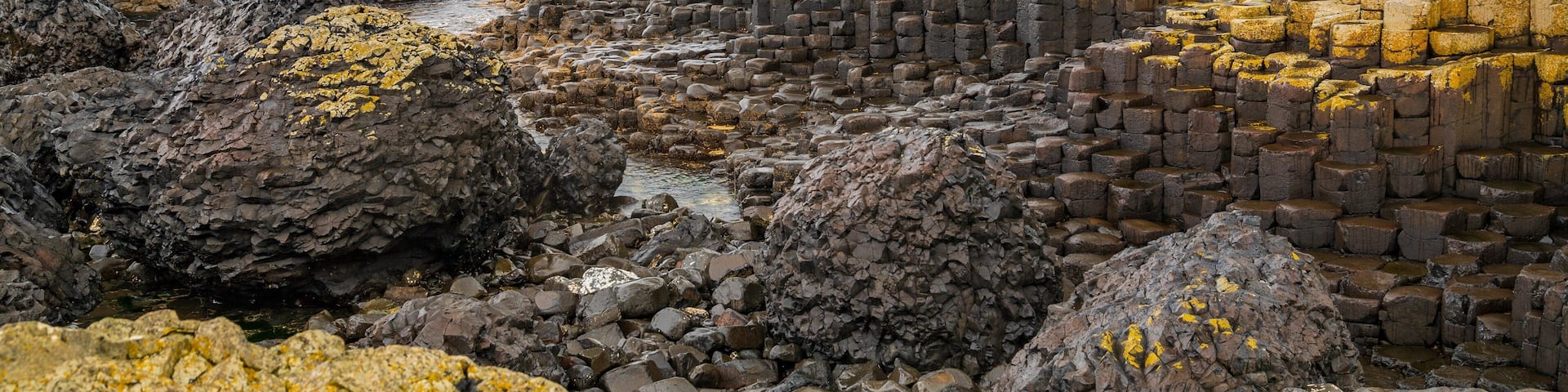 A rocky coastal landscape with layered stone formations and lichen-covered rocks.