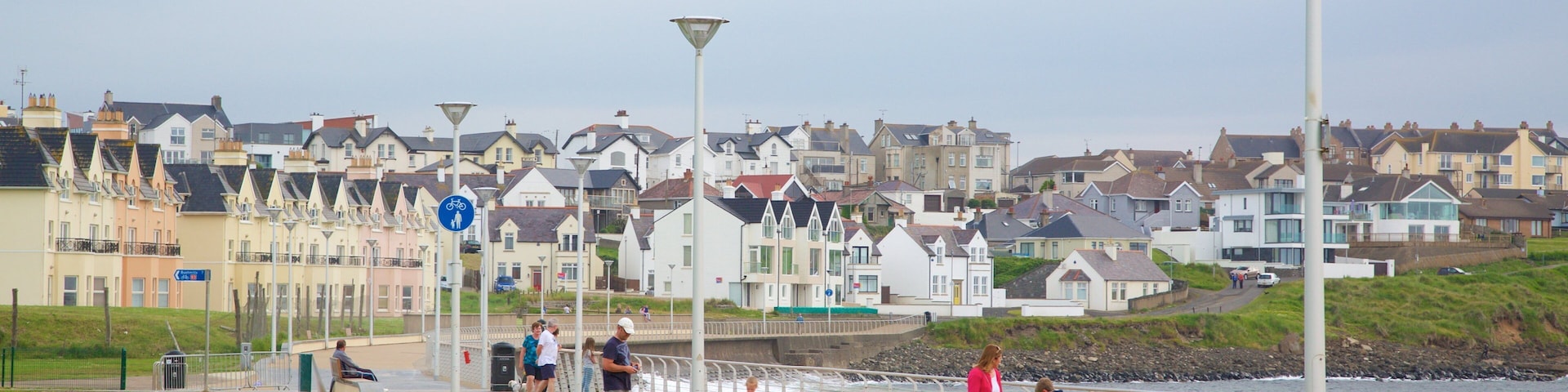 A coastal promenade with houses, a bike path, and a sea wall.