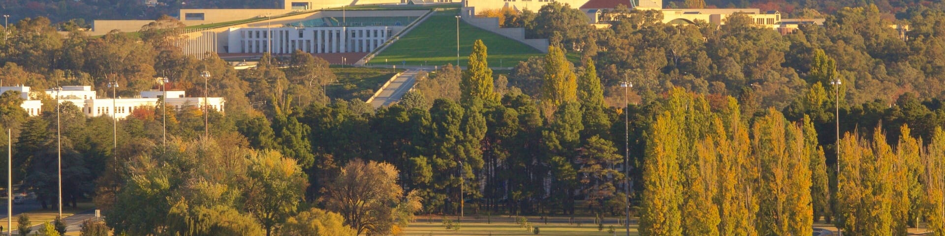 Parliament House showing an administrative buidling and landscape views