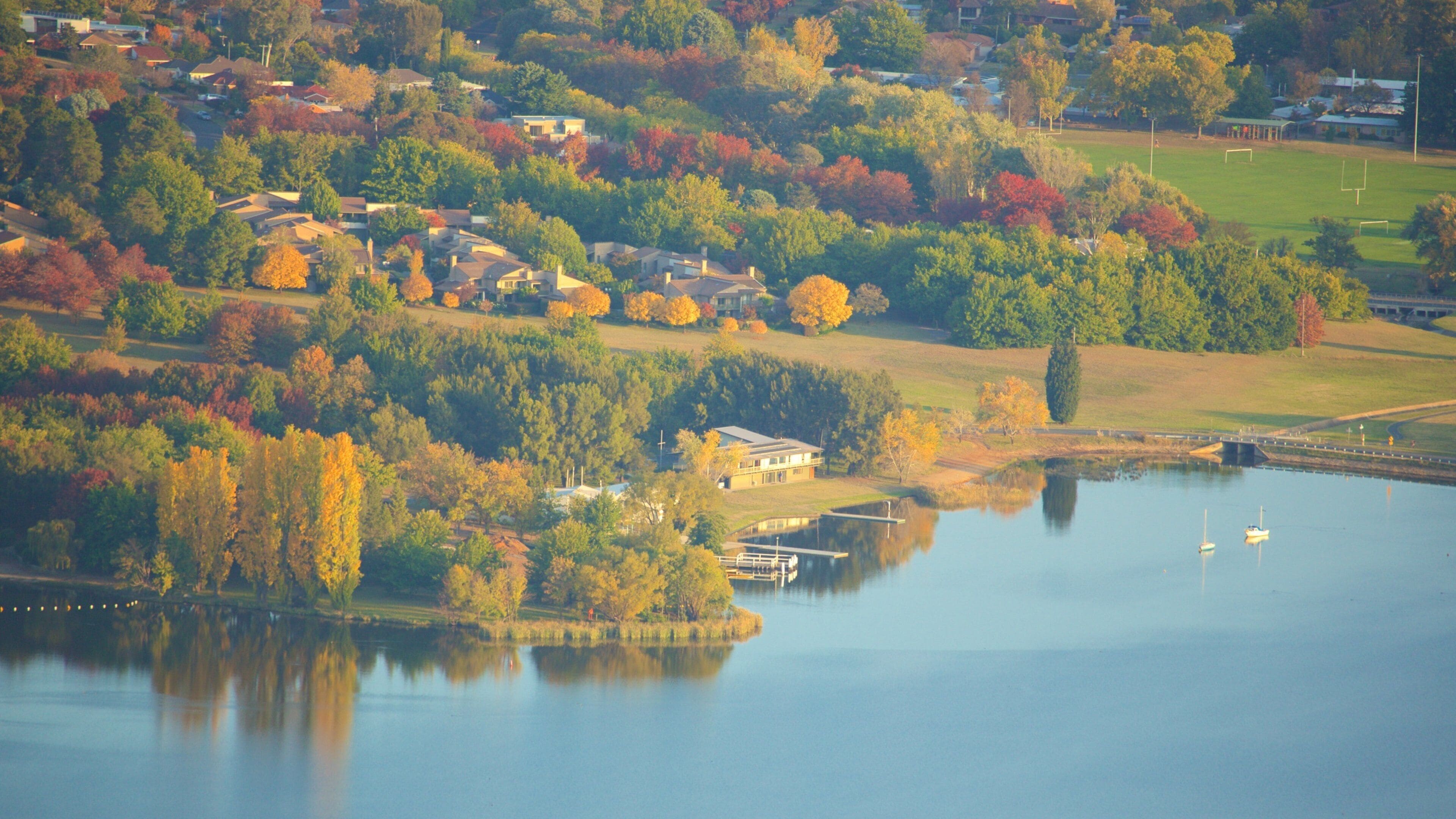 Telstra Tower which includes autumn colours, a garden and a lake or waterhole