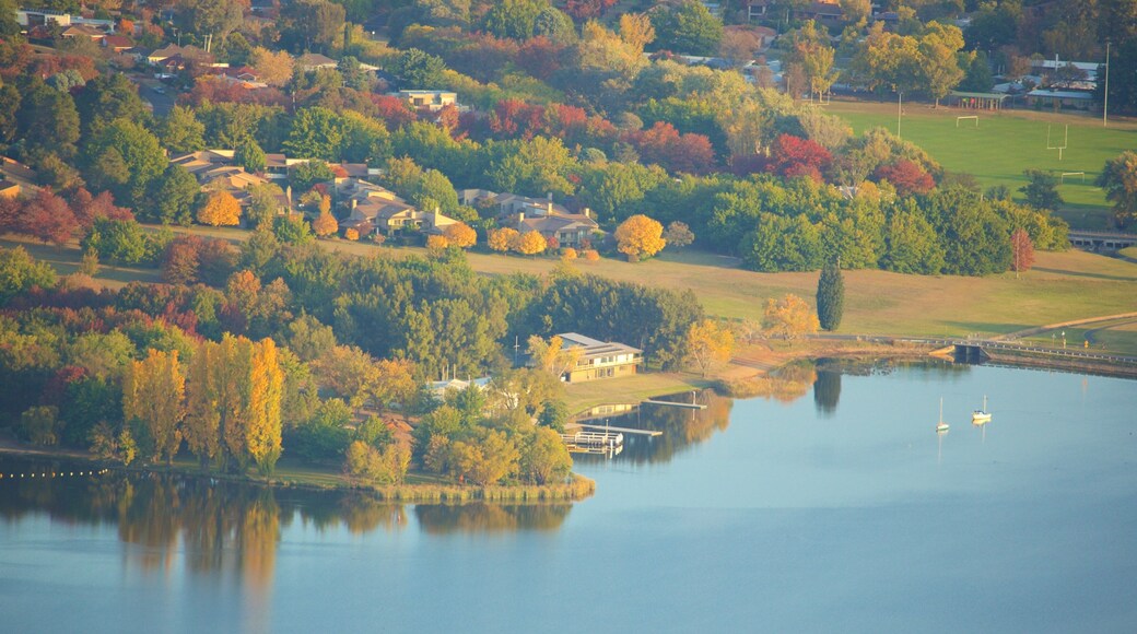 Telstra Tower which includes autumn colours, a garden and a lake or waterhole