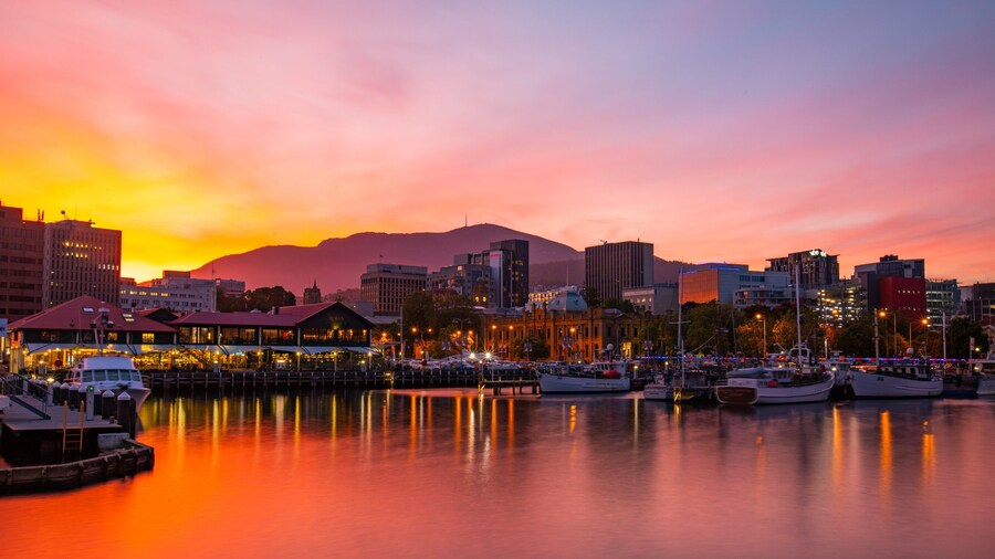 Constitution Dock which includes a sunset and a bay or harbor