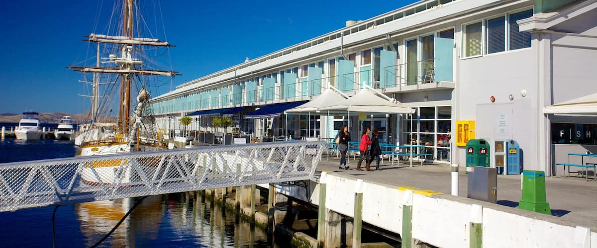 A waterfront with a tall ship docked, a pedestrian bridge, and a modern building with blue shutters.