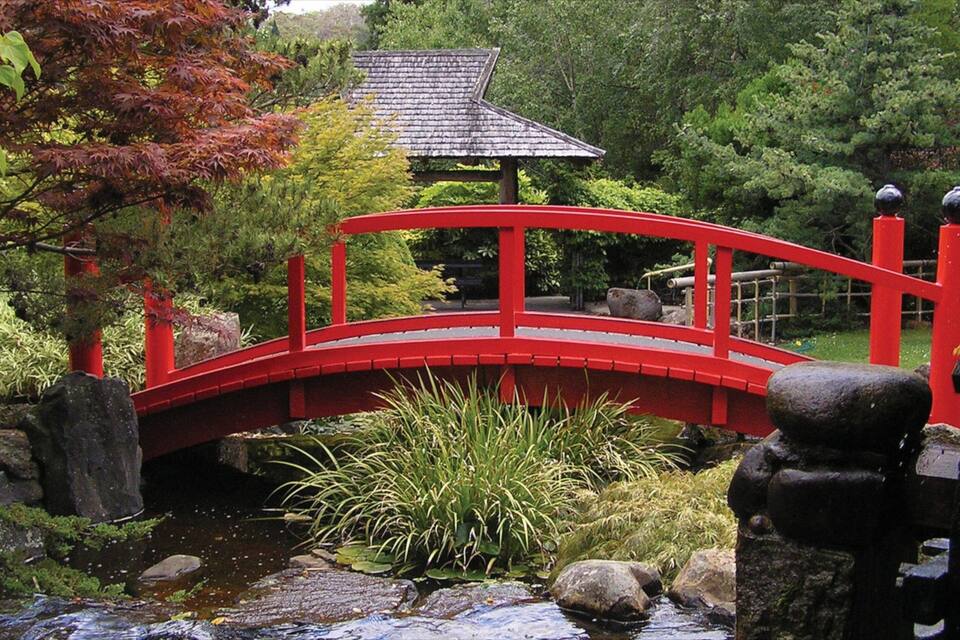 Un ponte rosso sopra un ruscello in un giardino con alberi e una pagoda.