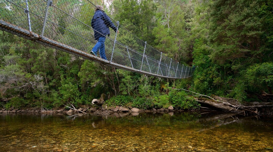 Binnenland mit einem Brücke und Fluss oder Bach sowie einzelne Frau