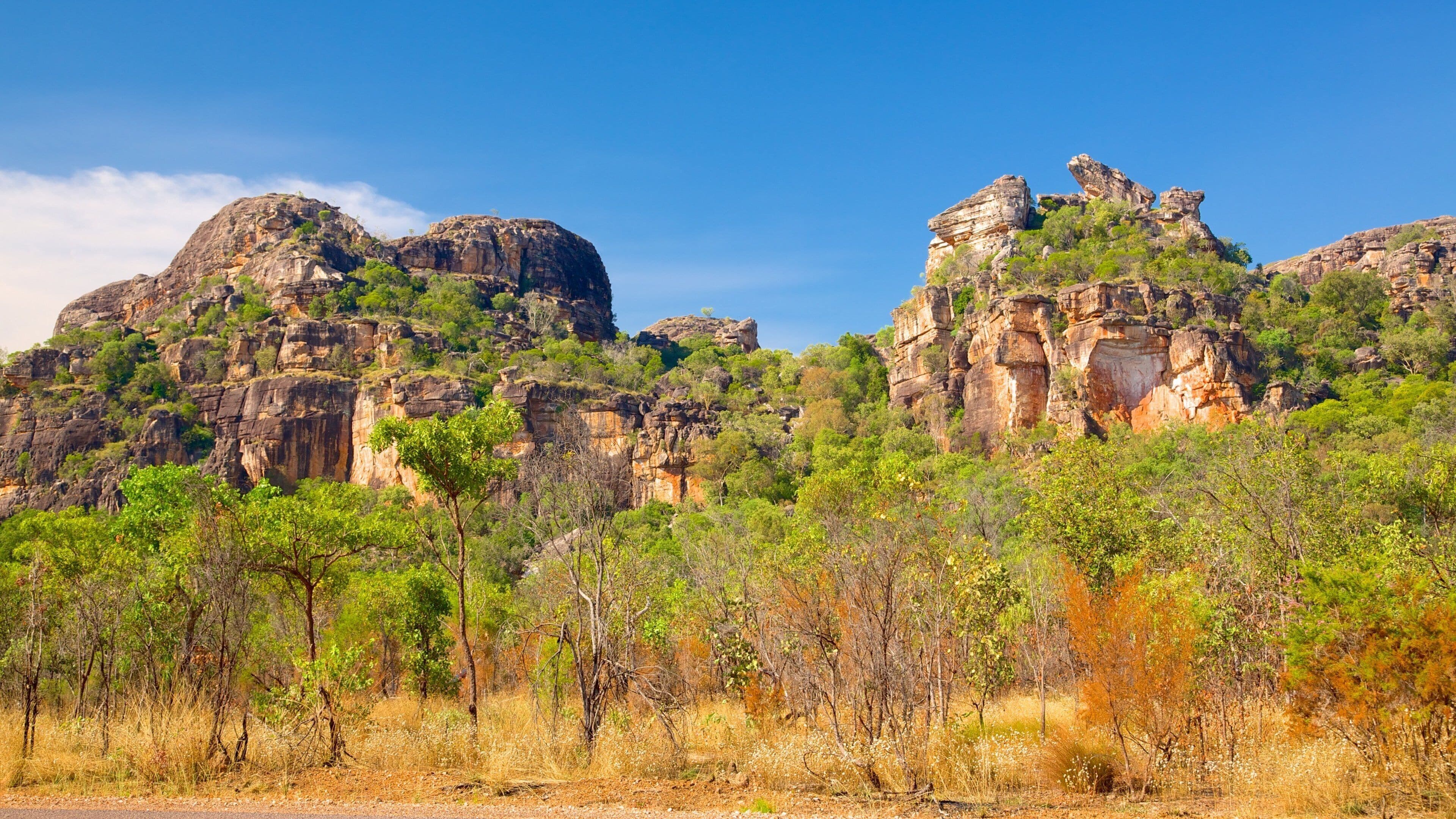 A rugged mountain landscape with prominent rock formations and dense green vegetation.