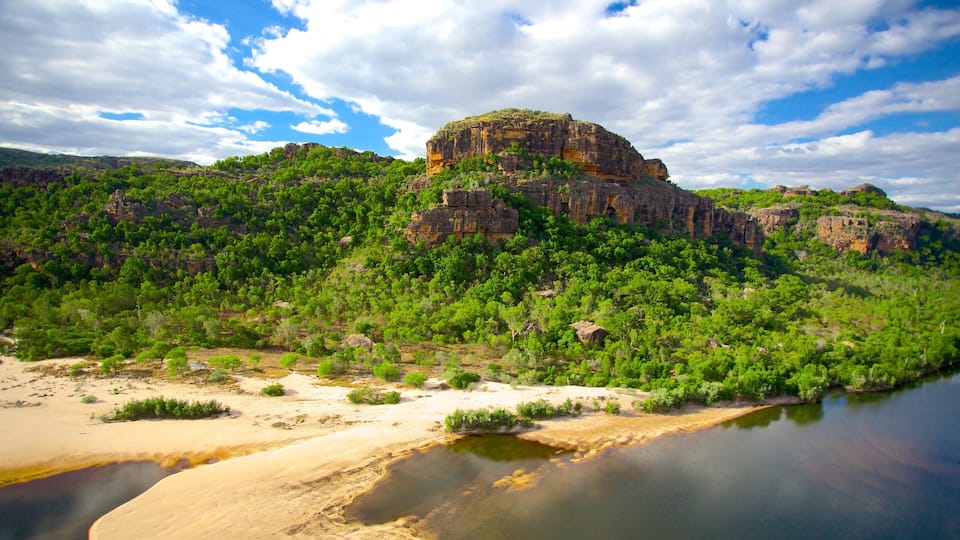 A river with a sandy bank, a rocky cliff, and dense green vegetation.