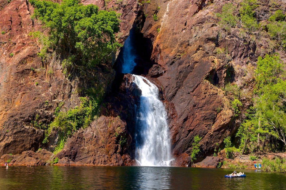 Ein Wasserfall stürzt über eine felsige Klippe, umgeben von üppiger Vegetation.