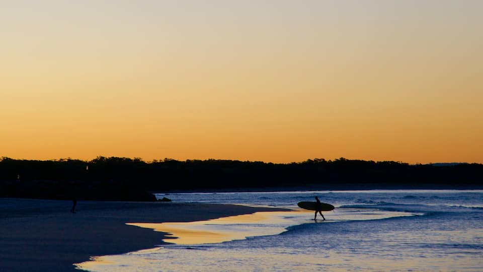 Noosa Beach which includes a beach, a sunset and surfing