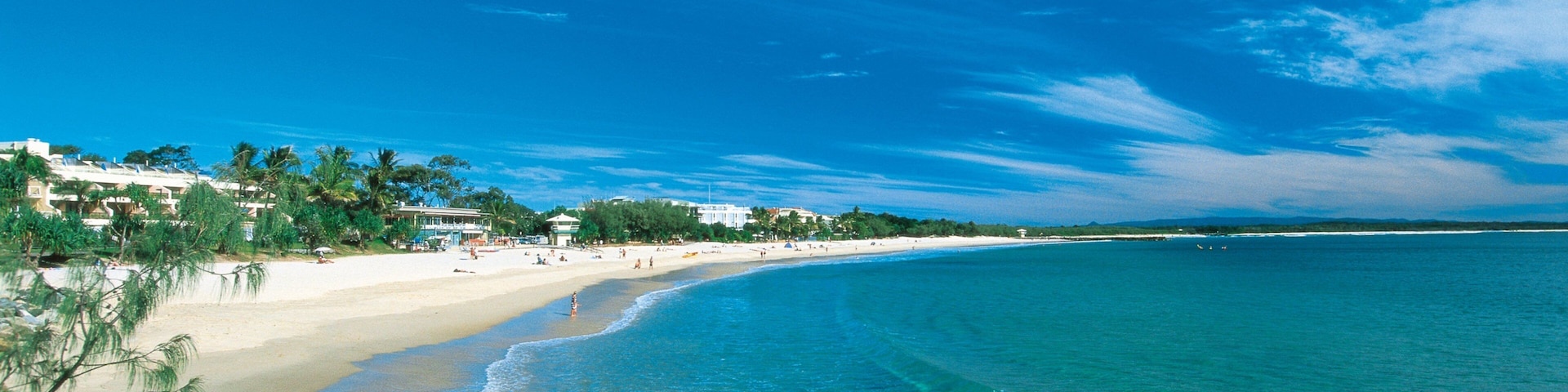 Noosa Beach featuring a coastal town, tropical scenes and a beach