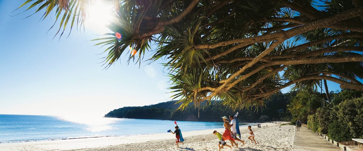 Playa Noosa mostrando escenas tropicales y una playa y también una familia