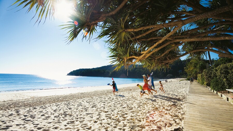 Plage de Noosa mettant en vedette plage de sable et scènes tropicales aussi bien que famille