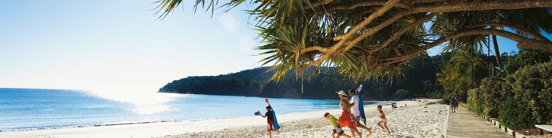Noosa Beach which includes tropical scenes and a sandy beach as well as a family