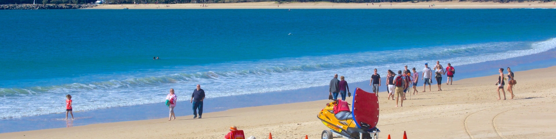 Mooloolaba Beach which includes a beach as well as a large group of people