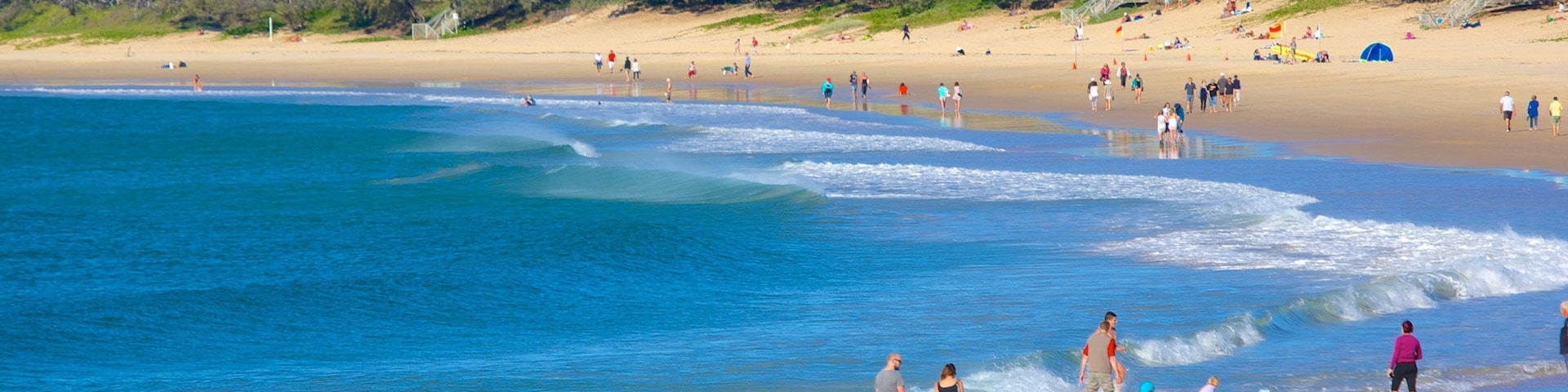 Mooloolaba Beach showing a bay or harbor and a beach as well as a large group of people