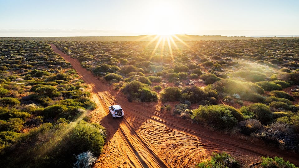 A white vehicle on a dirt road in a desert landscape with sparse vegetation and a clear sky.