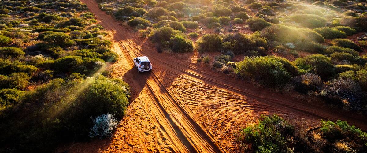A white vehicle on a dirt road in a desert landscape with sparse vegetation and a clear sky.
