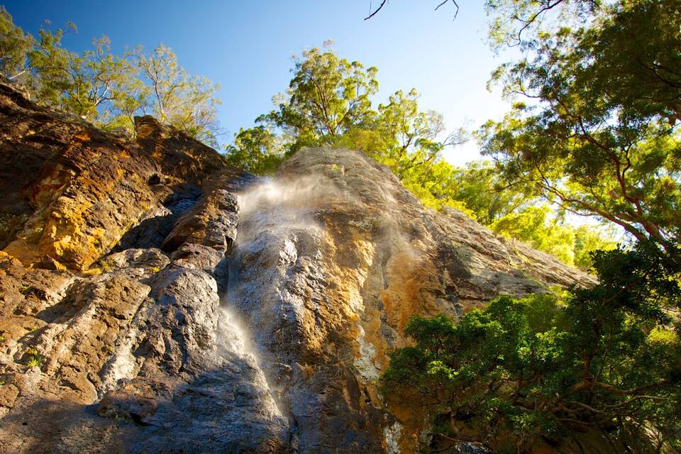 A waterfall cascading down a rocky cliff surrounded by lush greenery.