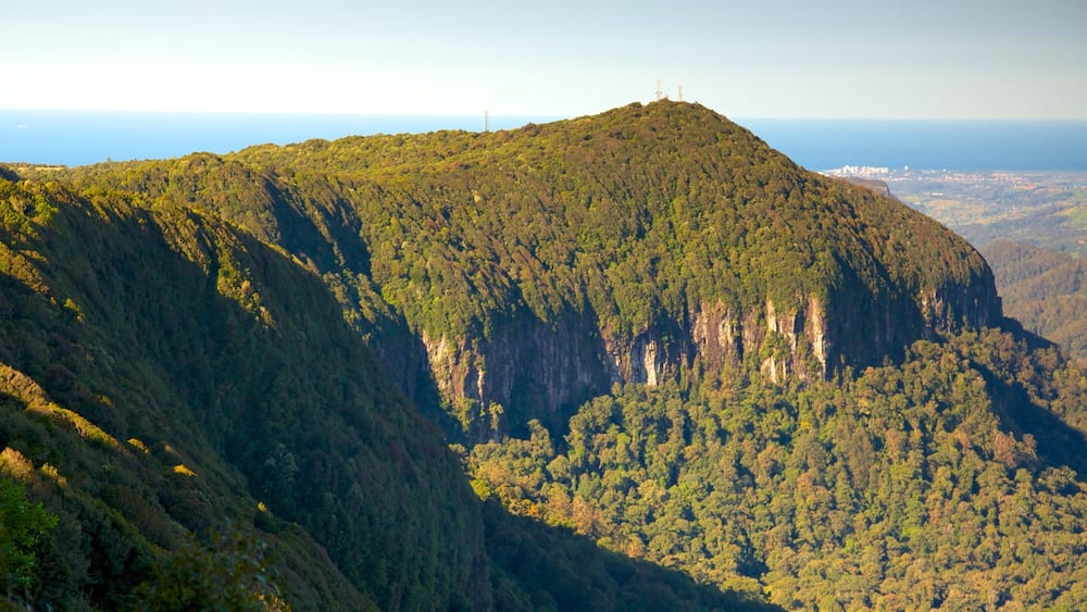 A mountainous landscape with dense forest, steep cliffs, and a clear view of the ocean in the distance.
