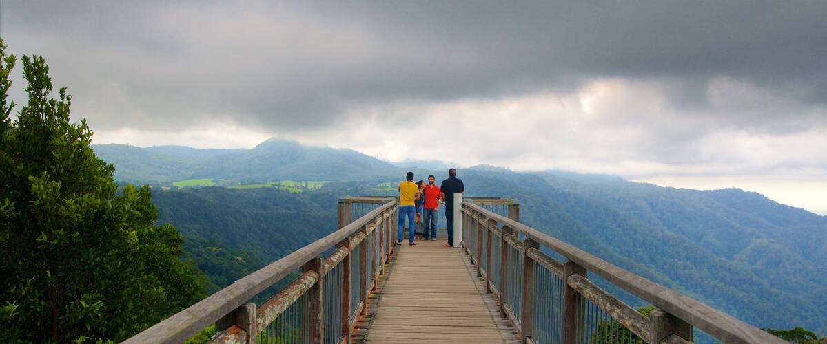A wooden bridge with metal railings, surrounded by lush green mountains and a cloudy sky.
