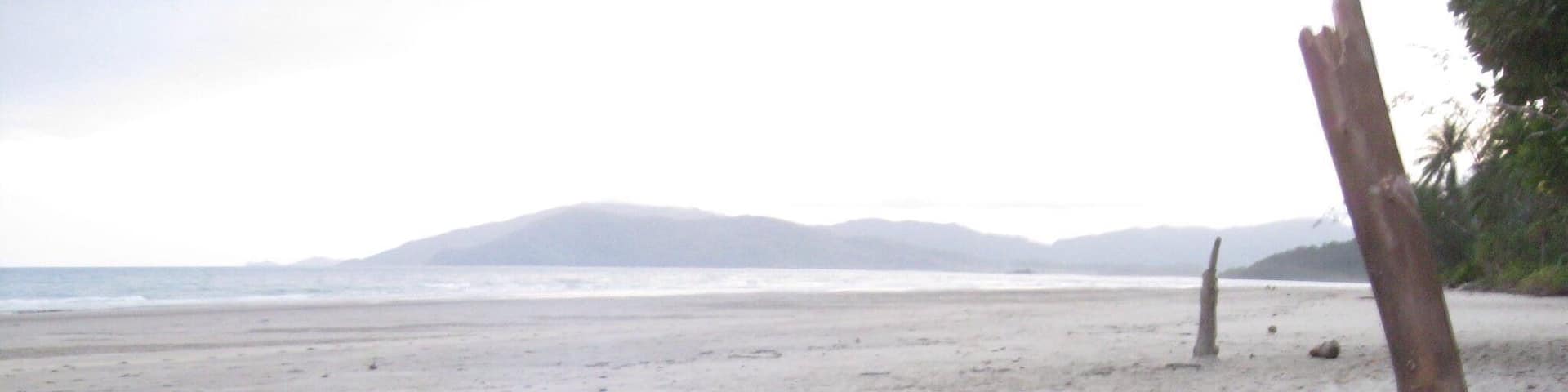 A campfire on a sandy beach with a mountain in the background.