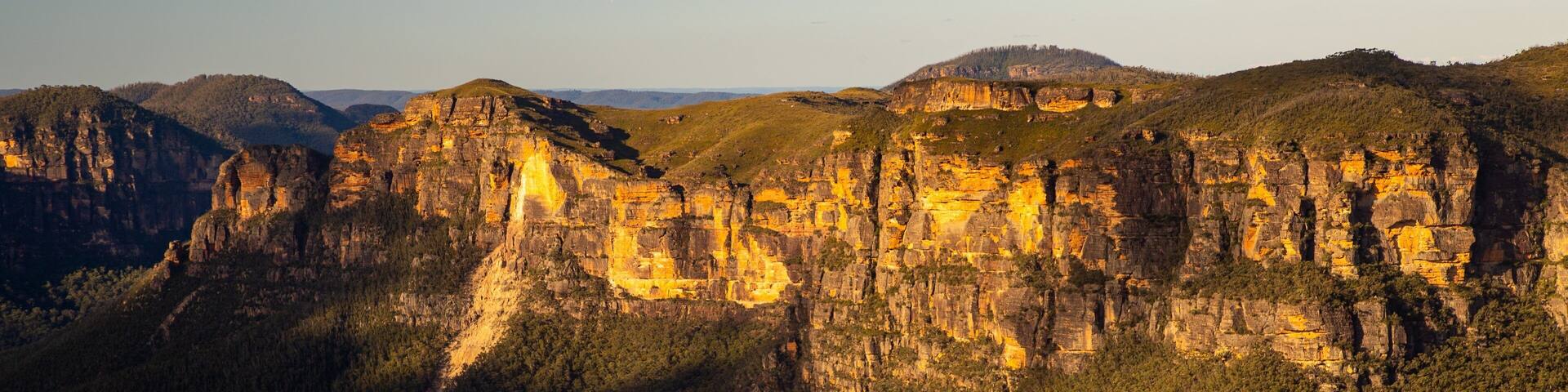 Blue Mountains National Park featuring landscape views, a sunset and a gorge or canyon
