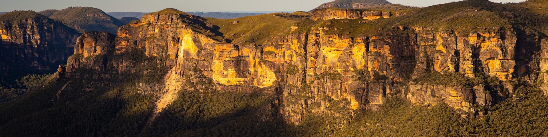 Blue Mountains National Park featuring landscape views, a sunset and a gorge or canyon