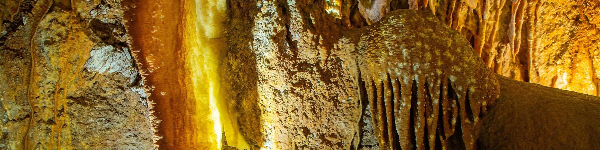 Stalactites and stalagmites in a cave.