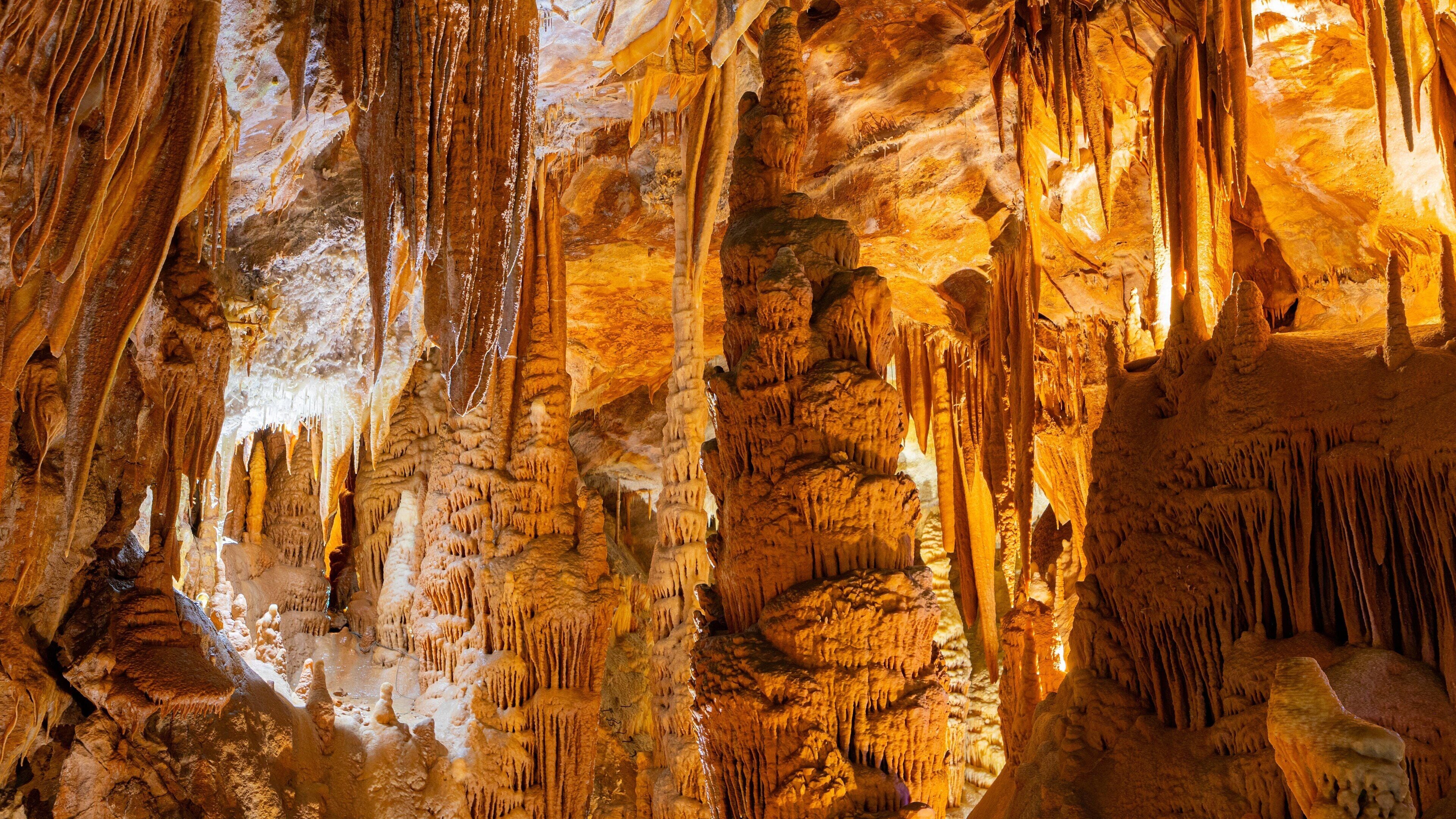 A cave with stalactites and stalagmites.