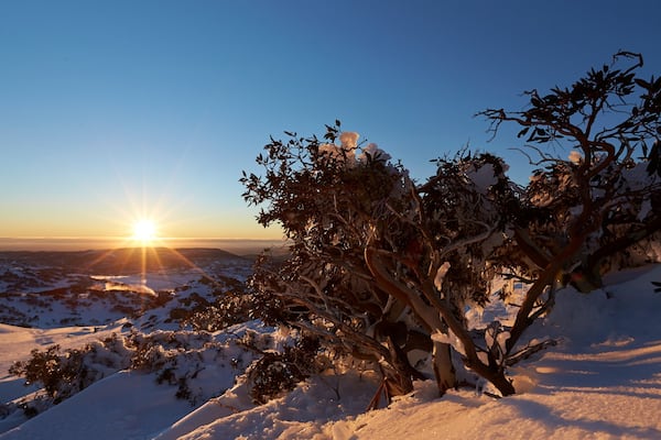 Perisher Ski Resort which includes a sunset, landscape views and snow