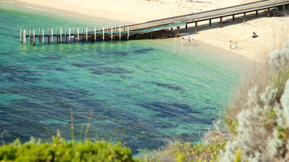 A beach with clear turquoise water, a wooden pier, and people walking on the sand.