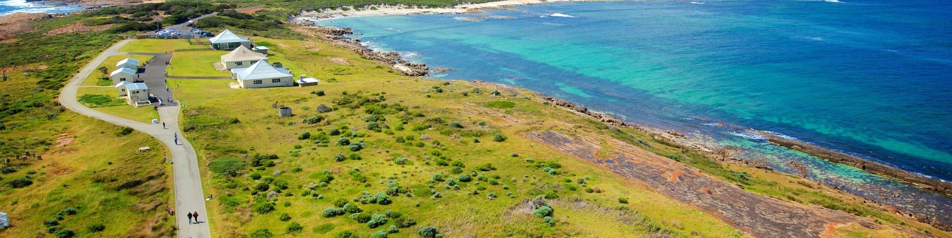 Cape Leeuwin Lighthouse showing a small town or village, a beach and street scenes