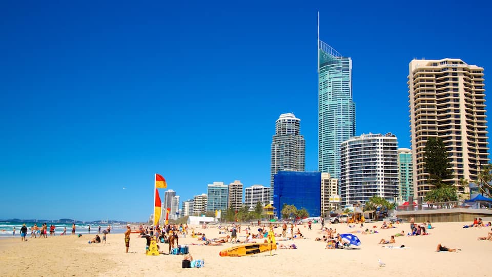 Surfers Paradise Beach which includes a beach, a high rise building and skyline