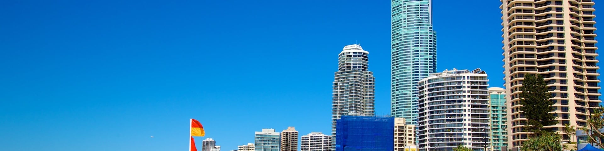 Surfers Paradise Beach which includes a beach, a high rise building and skyline