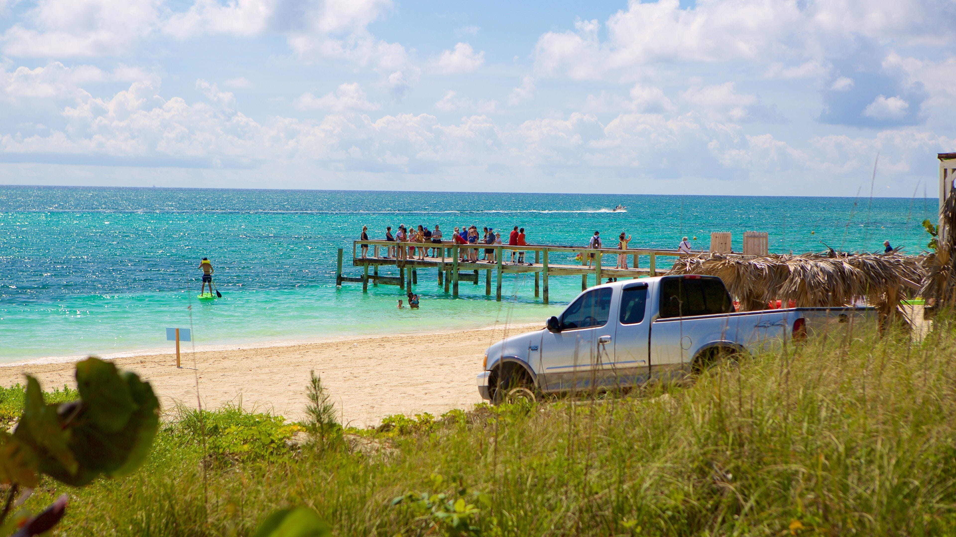 Taino Beach welches beinhaltet Sandstrand und allgemeine Küstenansicht sowie große Menschengruppe