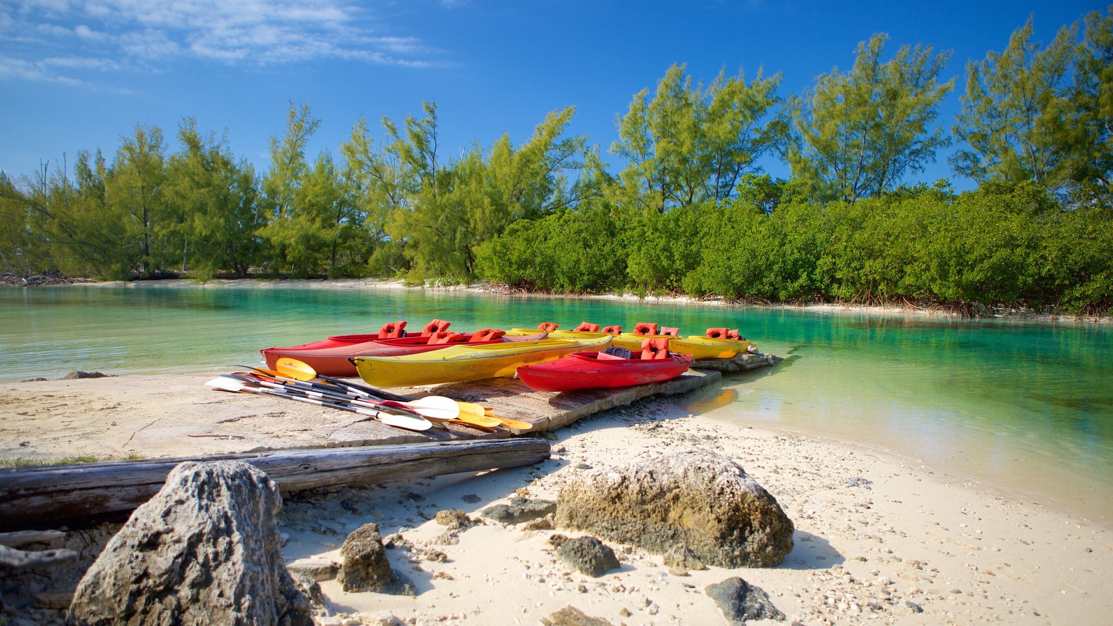 Parc national de Lucayan montrant kayak ou canoë et plage de sable