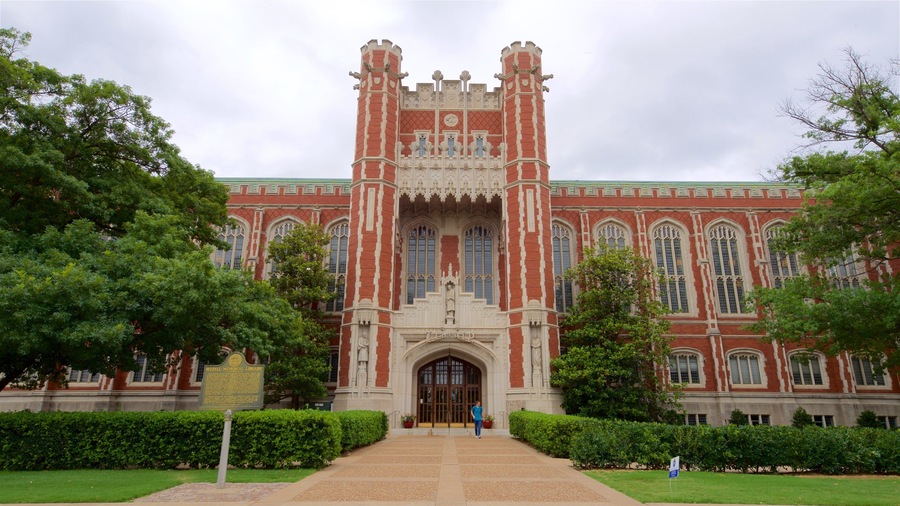 Bizzell Library showing a garden and heritage architecture