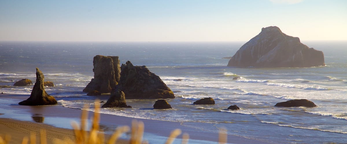 Bandon Beach which includes rocky coastline and a beach