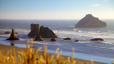 Bandon Beach showing a beach and rugged coastline