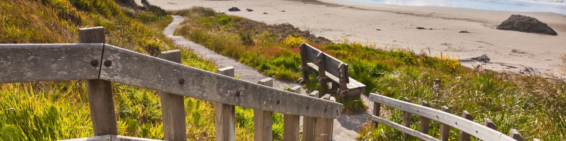 Wooden staircase leading to Bandon Beach, Oregon, USA