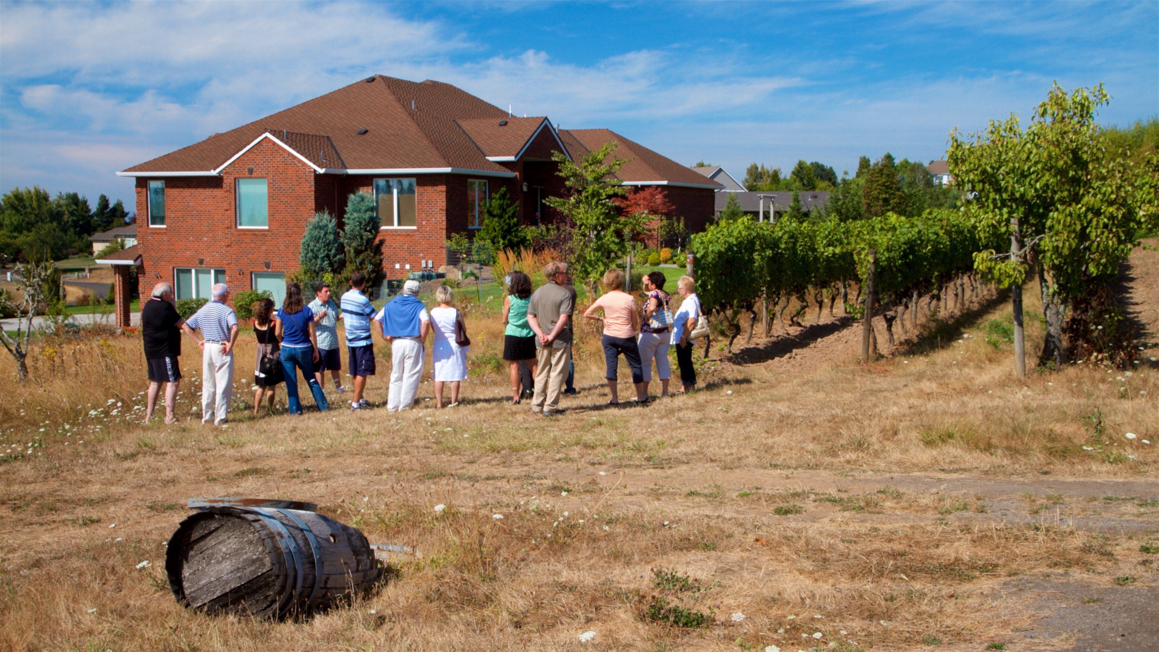 Cooper Mountain Vineyards fasiliteter samt hus og åkre i tillegg til en liten gruppe med mennesker