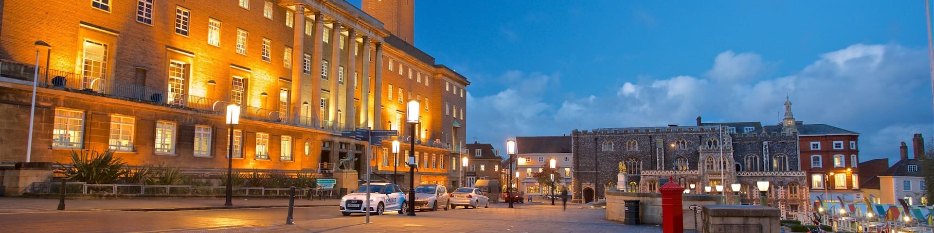 Norwich City Hall which includes night scenes and heritage architecture