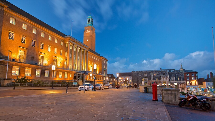 Norwich City Hall which includes heritage architecture and night scenes
