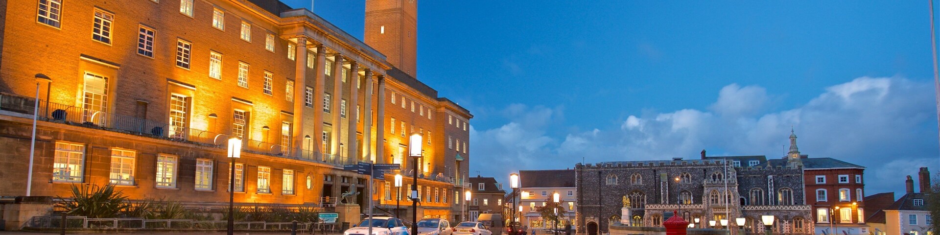 Norwich City Hall which includes night scenes and heritage architecture