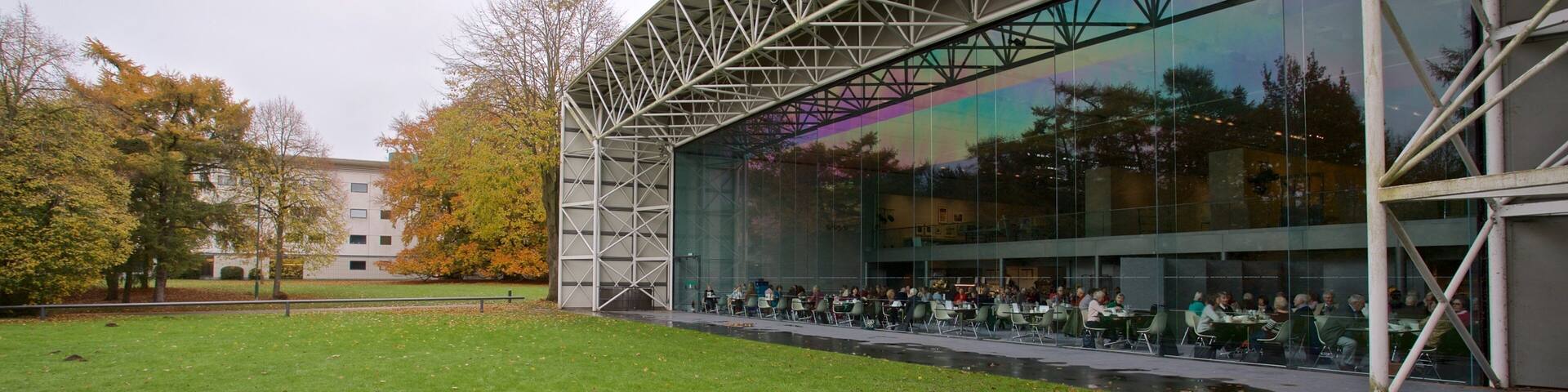 Sainsbury Centre for the Visual Arts montrant jardin et architecture moderne aussi bien que petit groupe de personnes