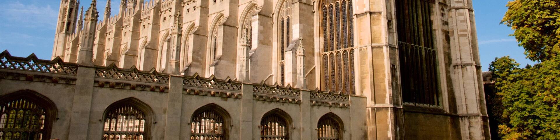 A historic cathedral with tall spires and arched windows.