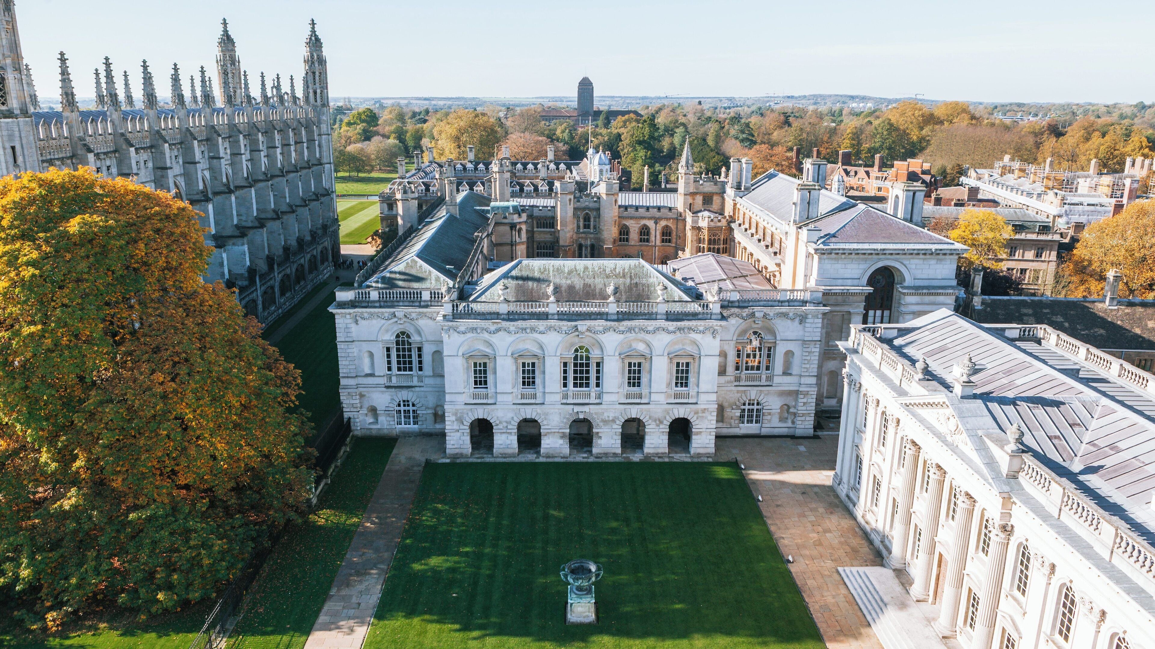 Senate House showcases stunning architecture and greenery in Cambridge City Centre, England, highlighting the historic academic environment of this renowned university