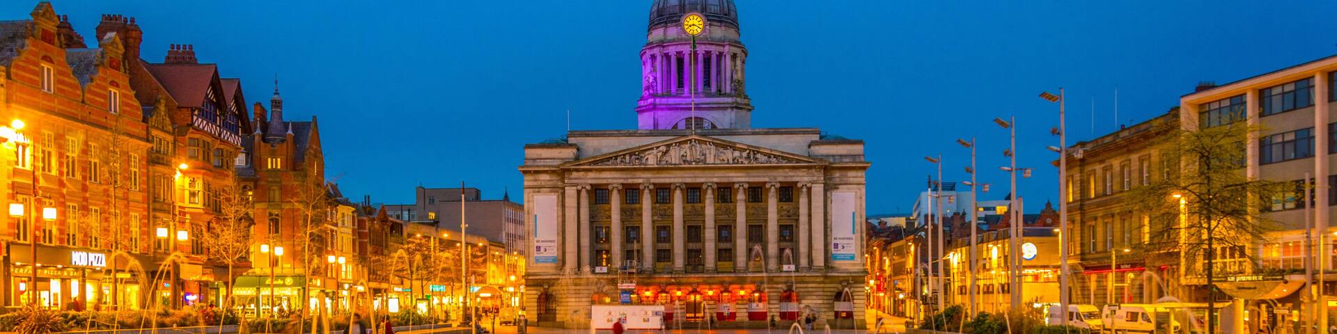 Night view of the town hall in Nottingham, England