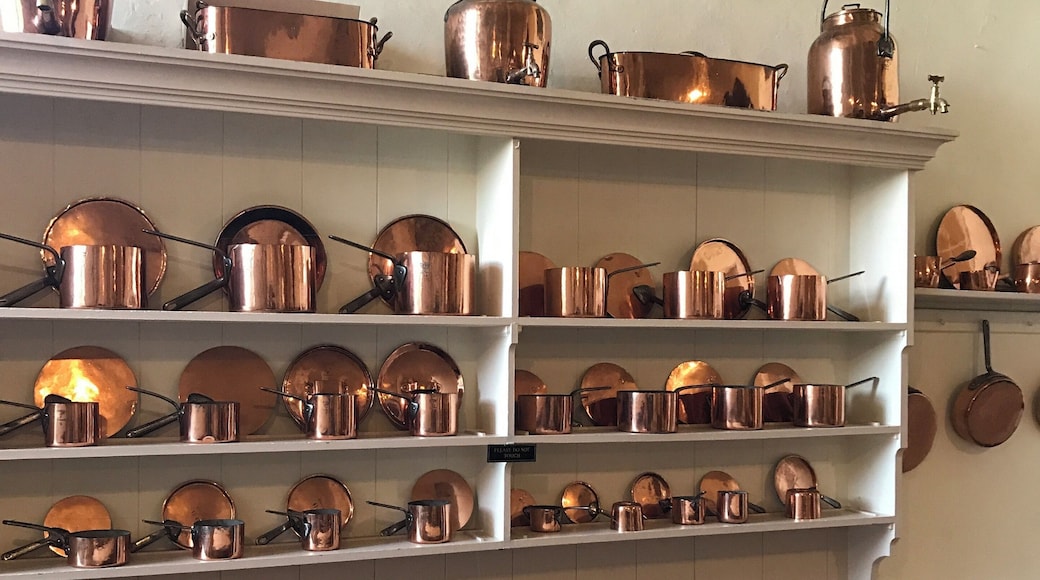 Copper kitchenware on display in the kitchen at Hardwick Hall