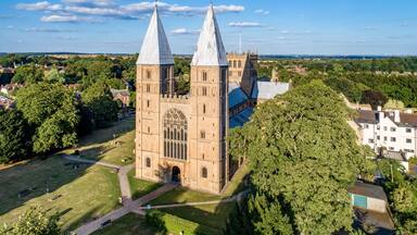 Southwell Mister and Romanesque Cathedral in Nottinghamshire, England, UK. Aerial view